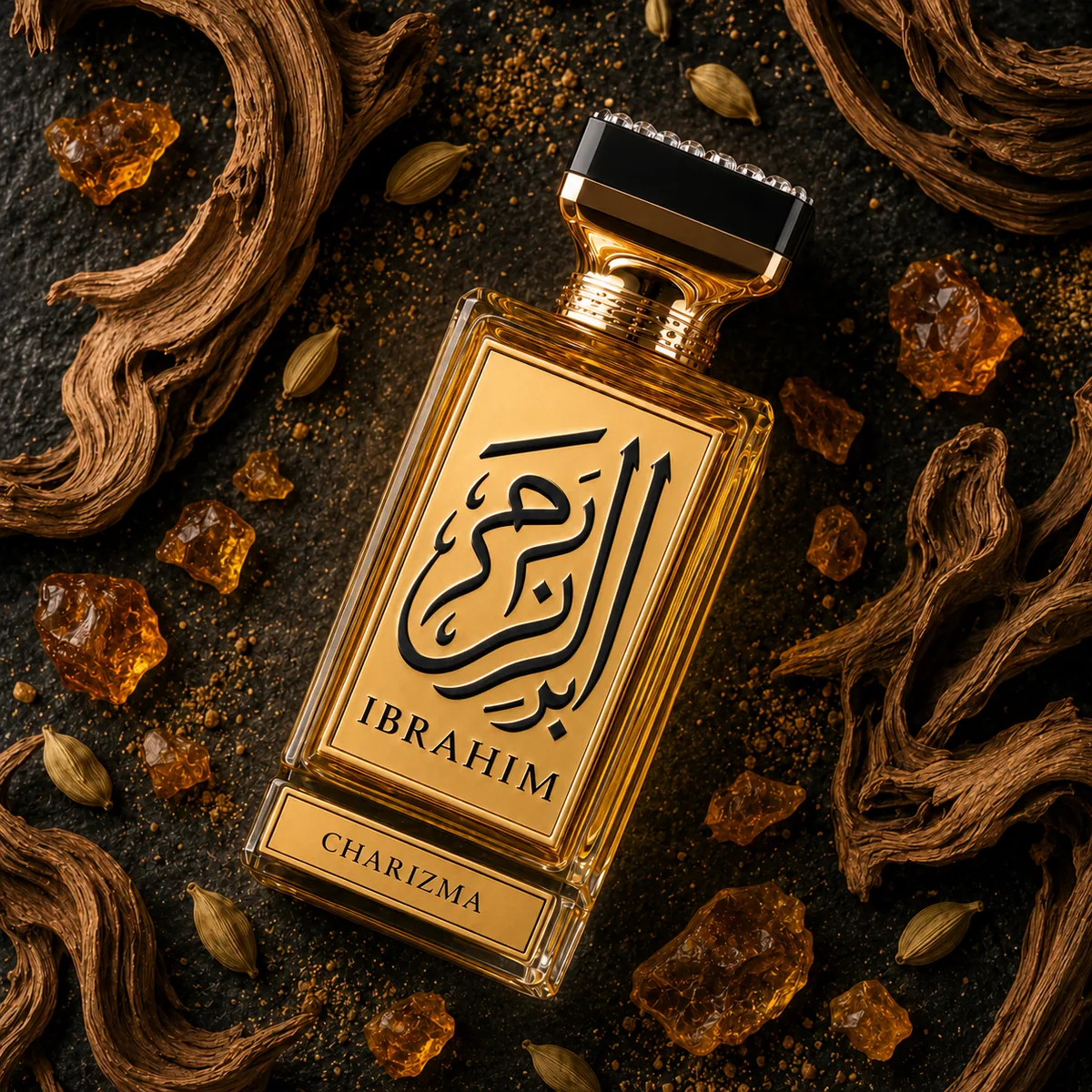 Charizma Warm Amber eau de parfum, flat lay composition