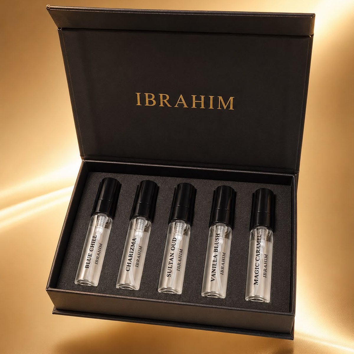 The IBRAHIM Discovery Sample Set Box, open, showing five 3 mL samples