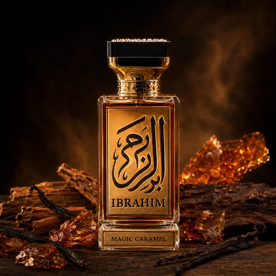 Magic Caramel Rich Amber Gourmand eau de parfum bottle by IBRAHIM Fragrances