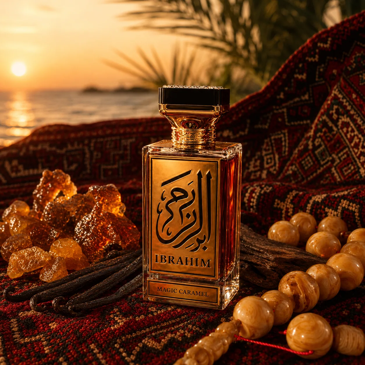 Magic Caramel eau de parfum in an IBRAHIM lifestyle setting