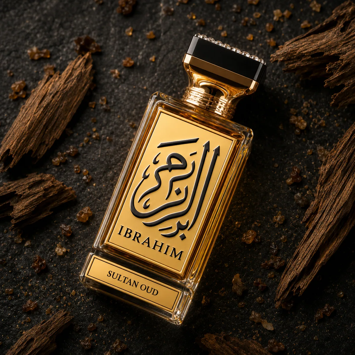 Sultan Oud Dark Amber eau de parfum, flat lay composition